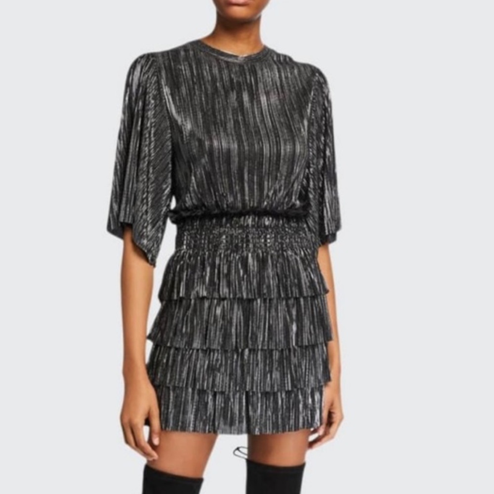 IRO Cuzco Black Smocked Pleated Tiered Mini Dress